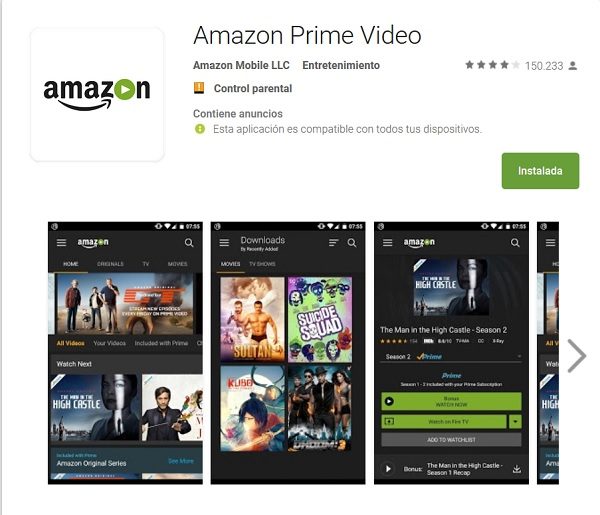 La aplicación de Amazon Prime Video, disponible en la Play Store